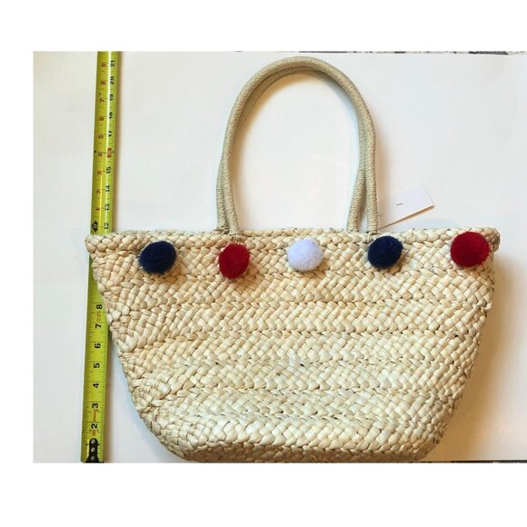 Love of Fashion,  Straw Beach Bag, Tote Bag, w/Red White & Blue PomPoms, NWT - Picture 6 of 10